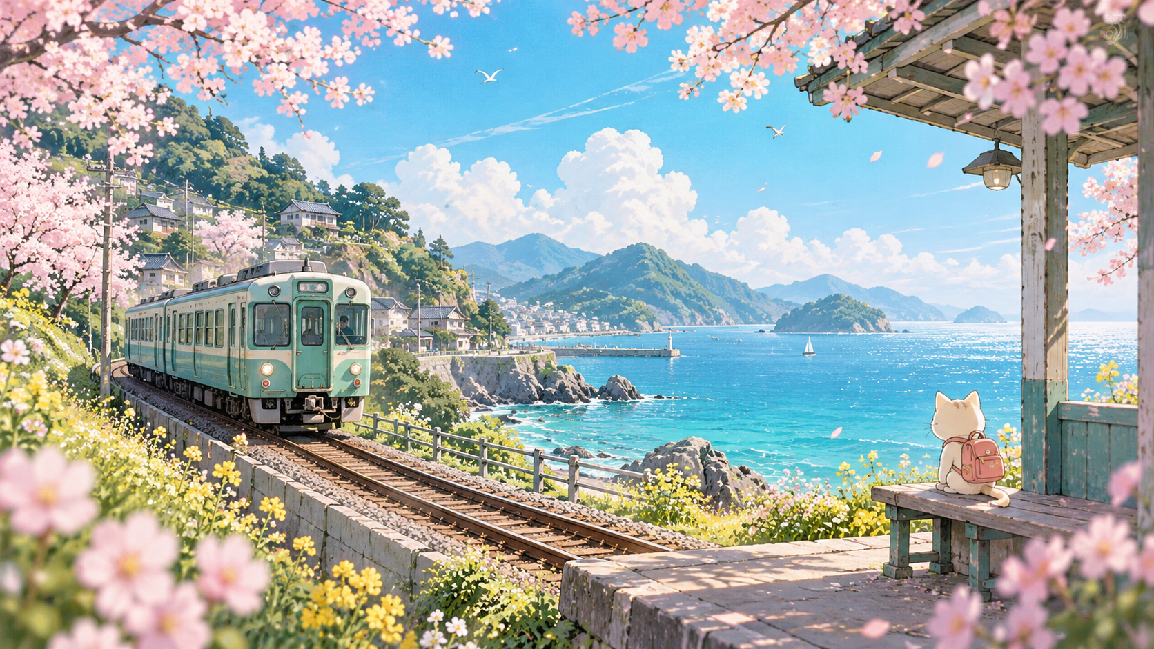 Original anime illustration of a mint-green train, cherry blossoms and a little cat by the sea